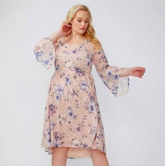 Lane Bryant Pink Floral Lace Bell Sleeves Cold Shoulder Dress Cottagecore - Picture 1 of 7